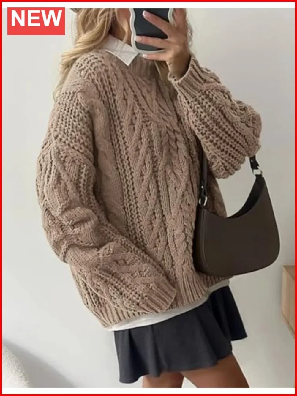 Oversized Chunky Cable Knit Crew Neck Pullover Sweater